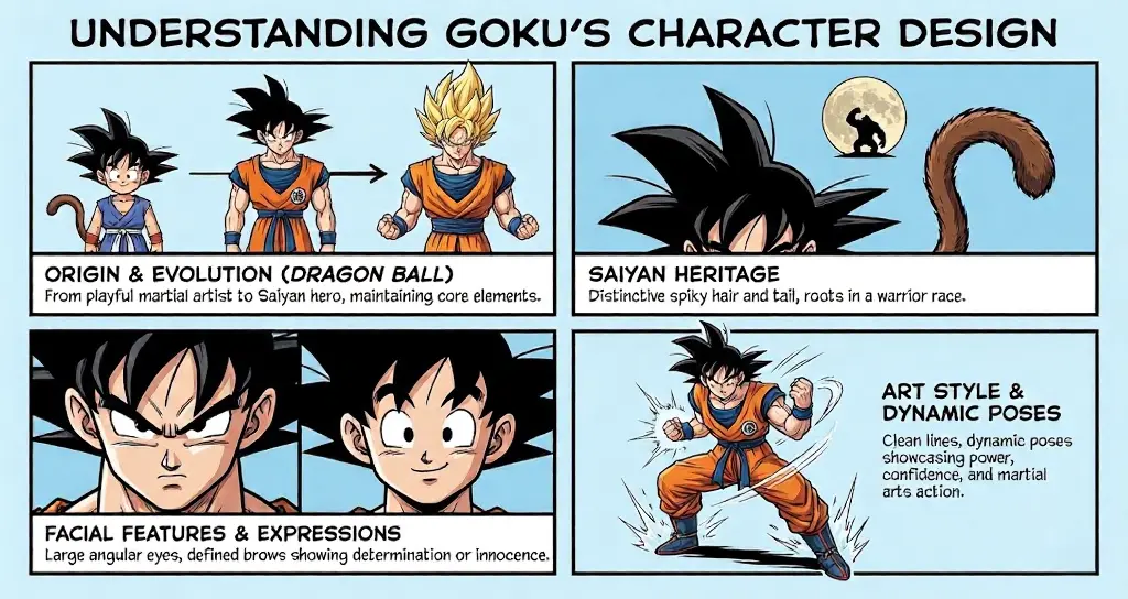 Infographic of Goku character design evolution from Dragon Ball: Saiyan heritage, facial features, expressions and dynamic martial arts poses.