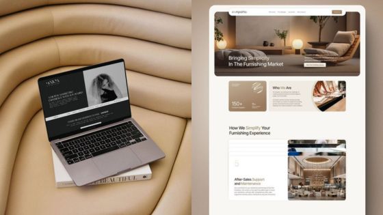 Laptop displaying a website for simplicity in furnishing, placed on a book titled BEAUTIFUL on a beige couch.