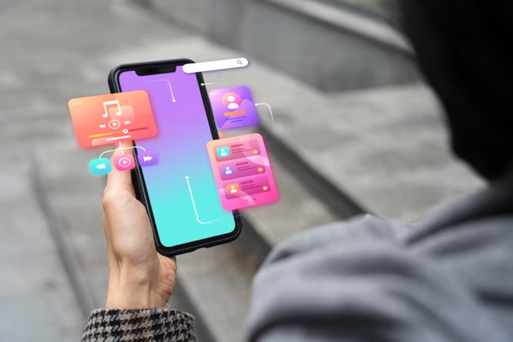 Person using smartphone with floating digital app icons, showcasing mobile technology and user interface design.