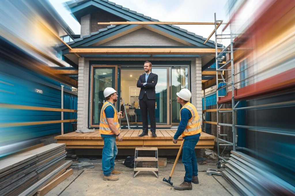 Man in suit overseeing construction workers at house site.