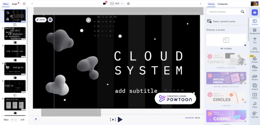 Animated slide with text 'Cloud System', featuring floating clouds and created using Powtoon.