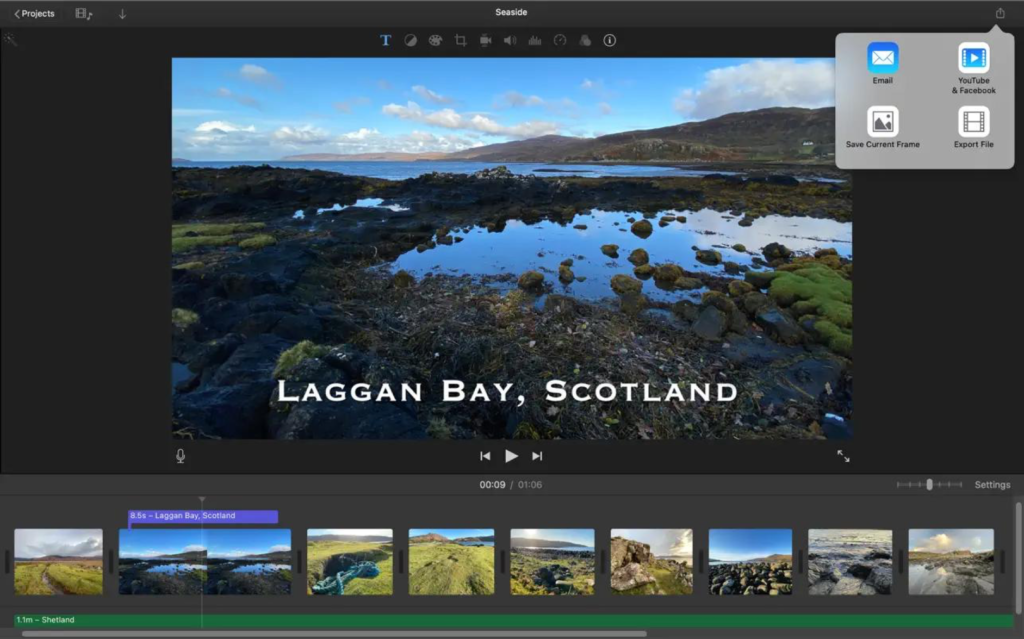 Laggan Bay, Scotland: Scenic coastal view with rocky shore and blue sky, in video editing software interface.