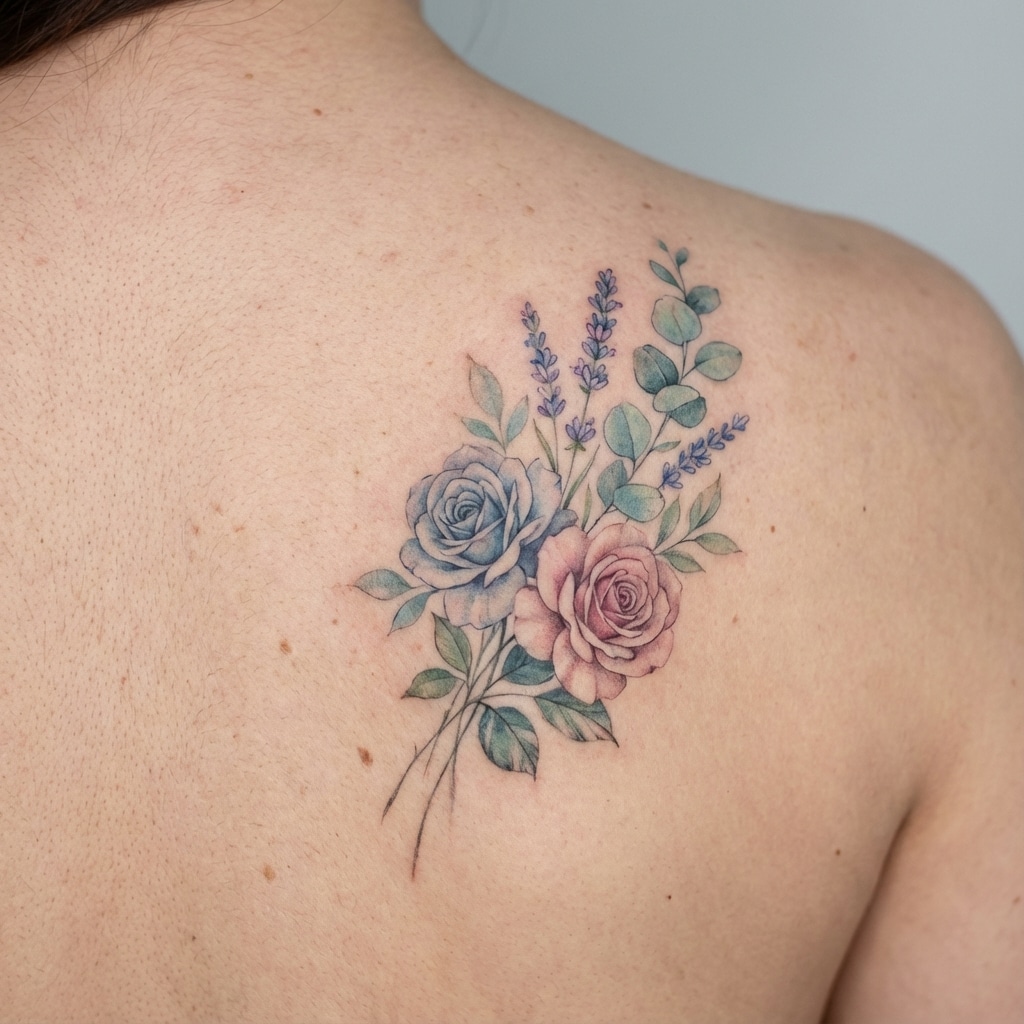 inkvision-tattoo 6 Delicate floral tattoo of roses and lavender on shoulder, showcasing intricate detail and soft colors. | Sky Rye Design Delicate floral tattoo of roses and lavender on shoulder, showcasing intricate detail and soft colors.