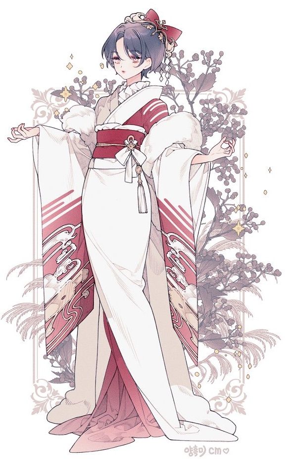 Anime character in an elegant kimono with red and white design, floral background, and decorative elements.