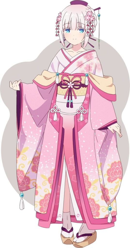 Anime character in a pink floral kimono, standing gracefully with decorative hair accessories.