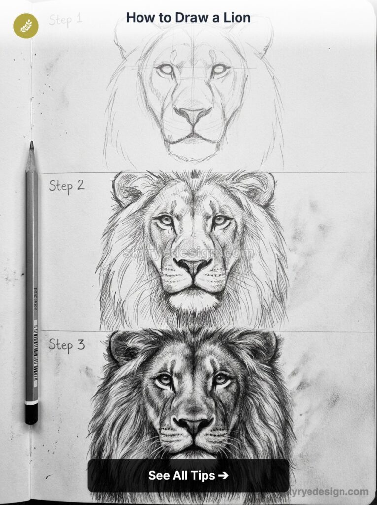 How to draw a lion: three pencil sketches showing step-by-step progress from outline to detailed realistic mane
