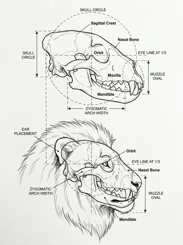 Lion skull anatomy diagram, labeled bones and facial measurement guides for artists and drawing reference