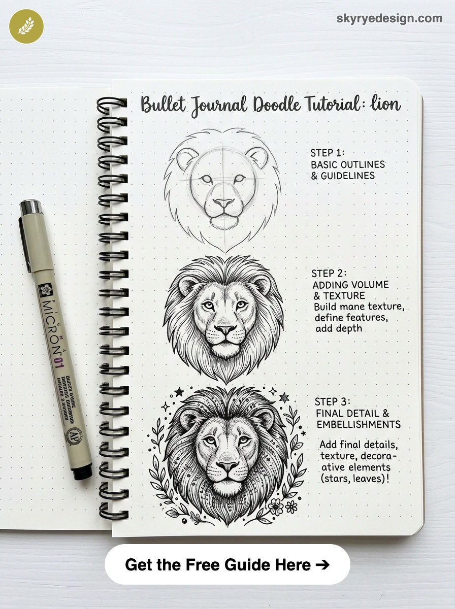 Notebook page with a three-step lion doodle tutorial titled 'Bullet Journal Doodle Tutorial: lion' and a pen nearby (Steps 1–3).