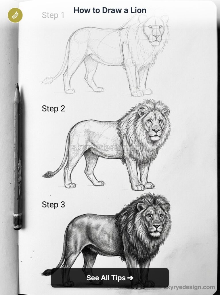 Three-step pencil drawing of a lion: Step 1 rough outline, Step 2 detailed mane, Step 3 shaded finished lion.