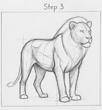 Step 3: Pencil sketch of a standing lion with construction lines visible, in a drawing tutorial frame.