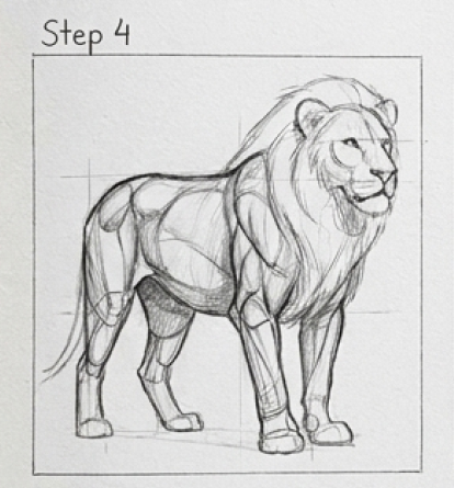 Pencil sketch of a standing lion in Step 4 of a drawing guide, with construction lines and a square frame.