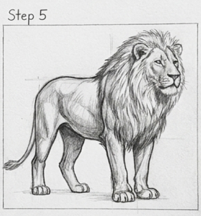 Step 5 pencil sketch of a standing lion with full mane, inside a bordered frame.