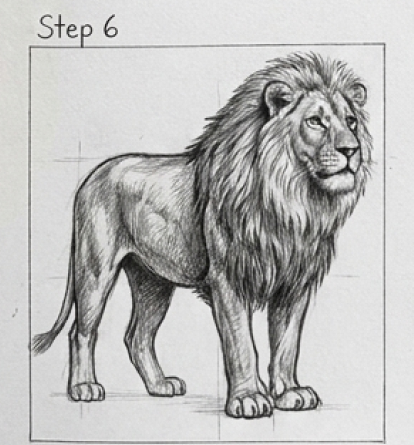 Pencil sketch of a standing male lion with a full mane, labeled Step 6 (illustration).