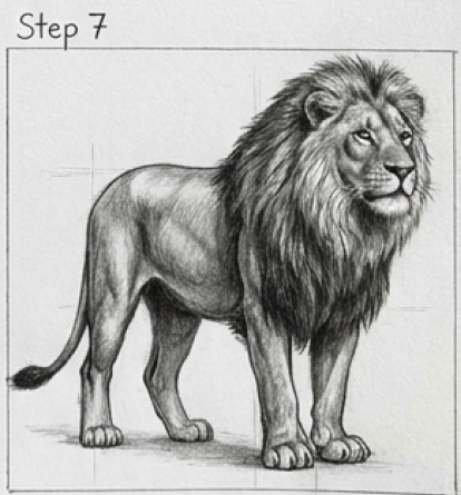 Step 7 of a pencil-drawing tutorial: a realistic lion standing with a full mane and shaded musculature.