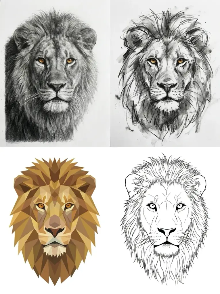 Collage of four lion portraits: photorealistic, rough sketch, low-poly geometric, and black-and-white line art.