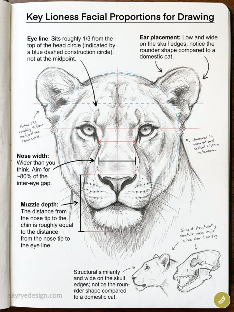 Lioness face proportions diagram — drawing reference with labeled eye line, nose width, muzzle depth and skull sketches.