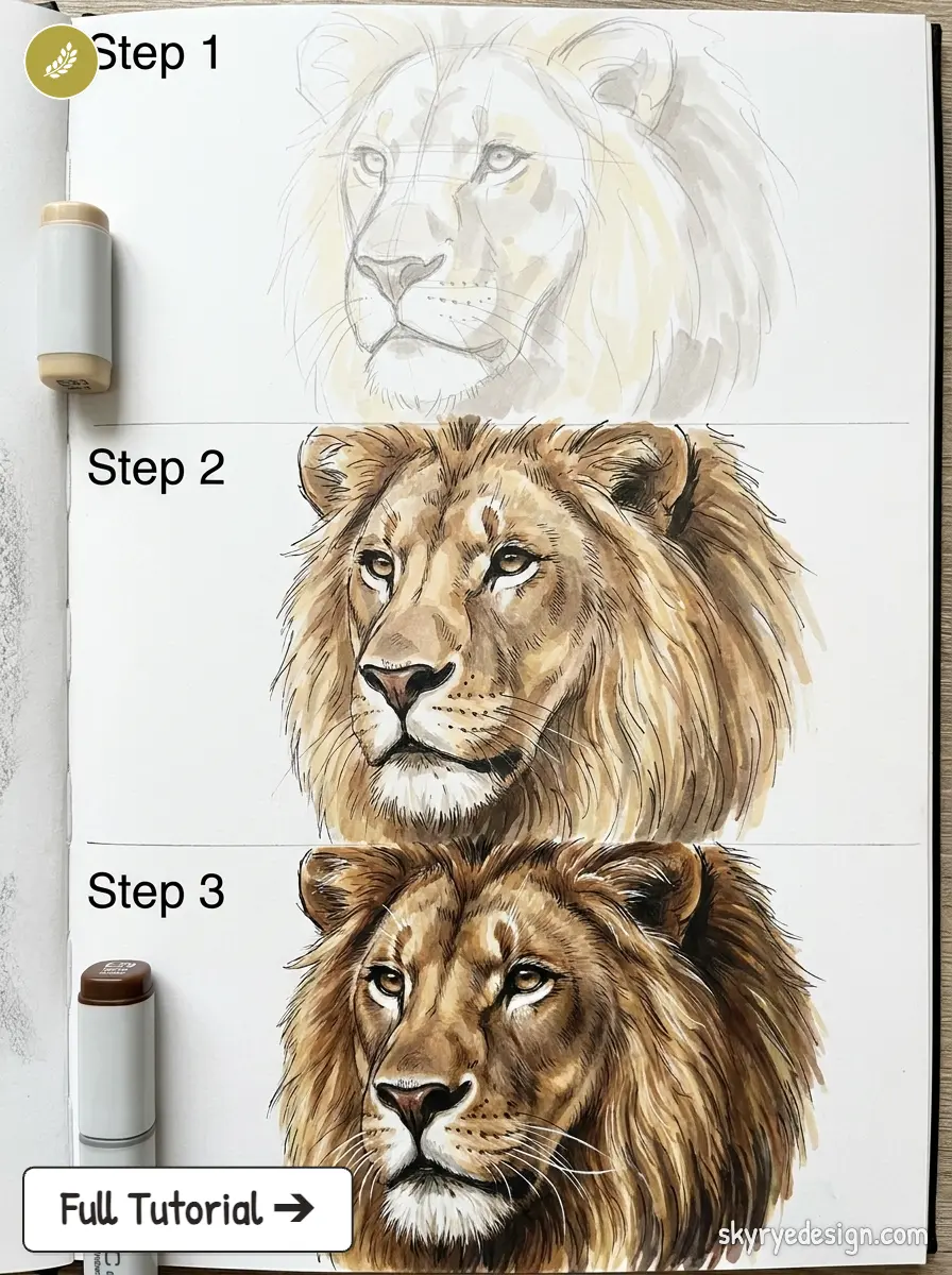 Three-step lion drawing tutorial showing a sketchy Step 1, a shaded Step 2, and a detailed Step 3 lion.
