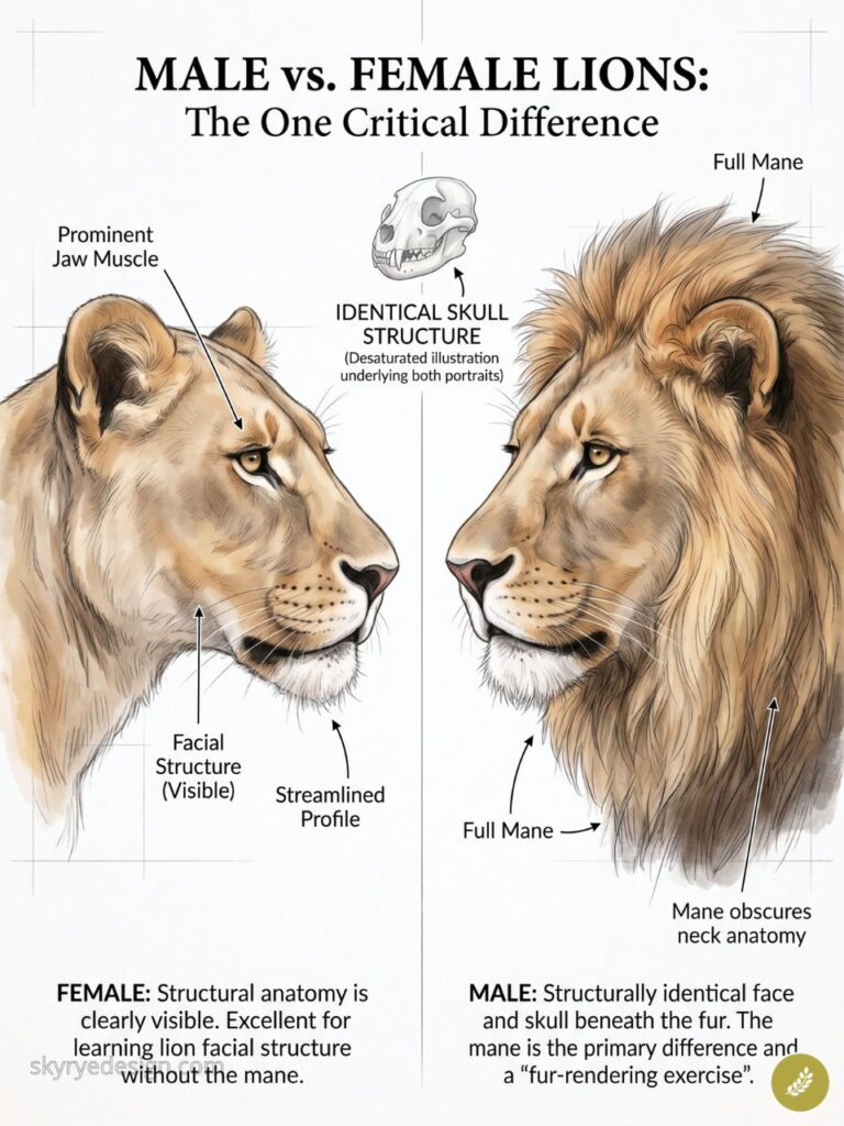 Male vs female lion anatomy illustration, side-by-side profiles showing mane, jaw muscle, skull and facial structure.