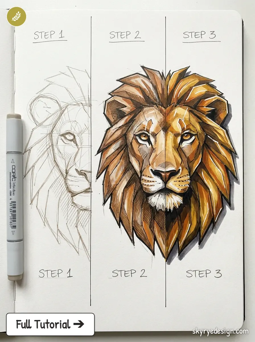 Three-panel drawing tutorial of a lion: sketch on left, colored mane in middle, final details on right; marker sits beside the page.