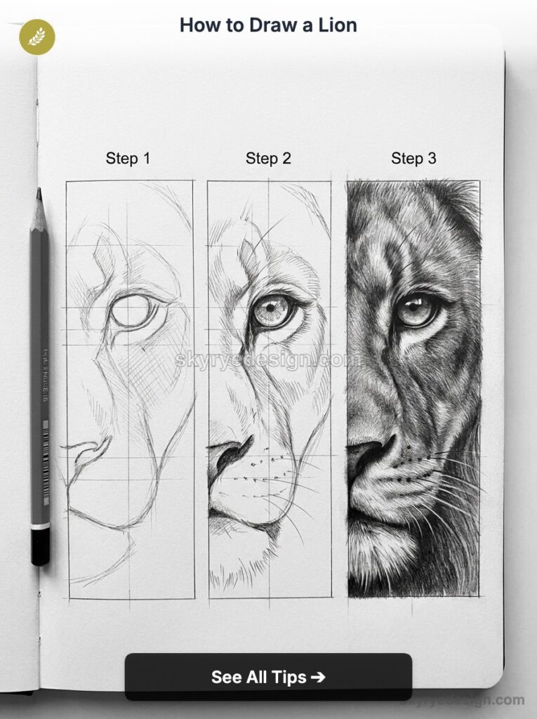 How to Draw a Lion: three-step pencil tutorial showing progression from basic sketch to realistic lion face, close-up eye.