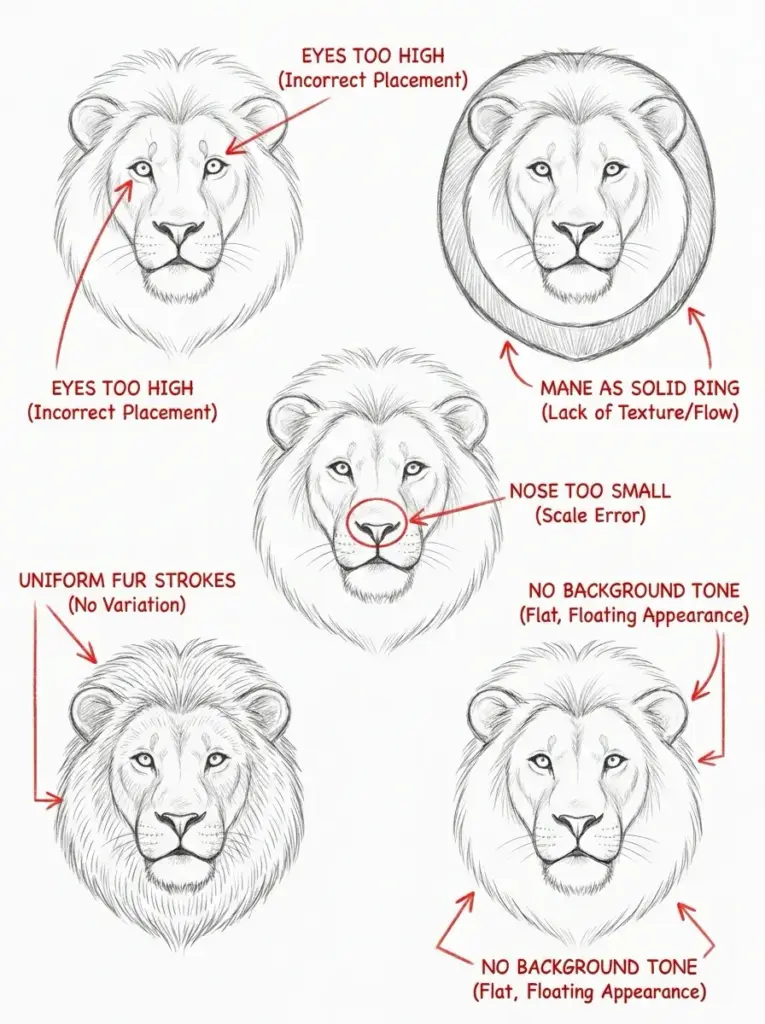 Infographic showing common drawing issues in lion portraits: eyes too high, nose too small, uniform fur strokes, lack of background tone, and mane/ texture problems.