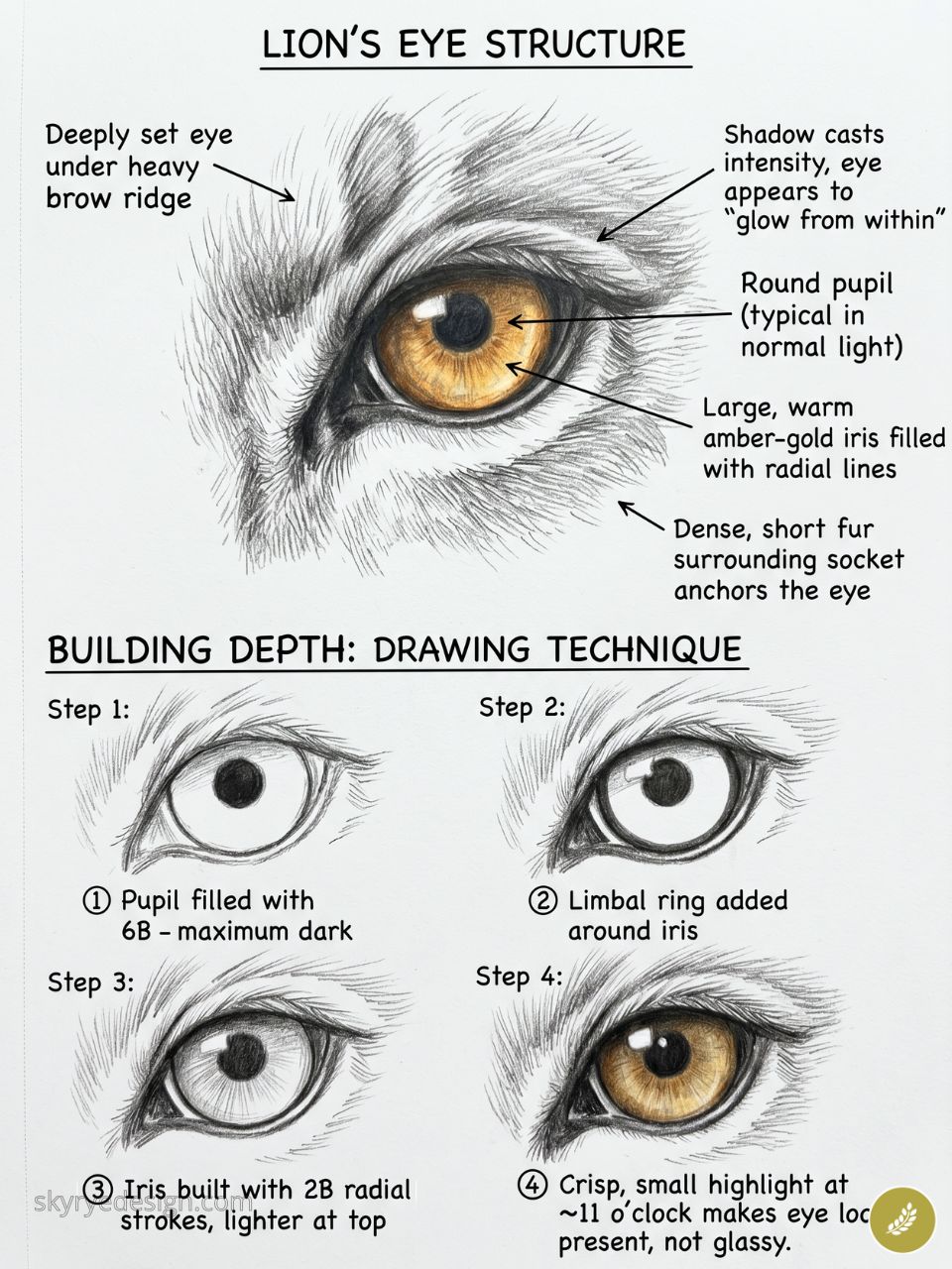 Diagram of a lion's eye showing iris, pupil, surrounding fur, and labels, plus a four-step drawing guide for building depth.