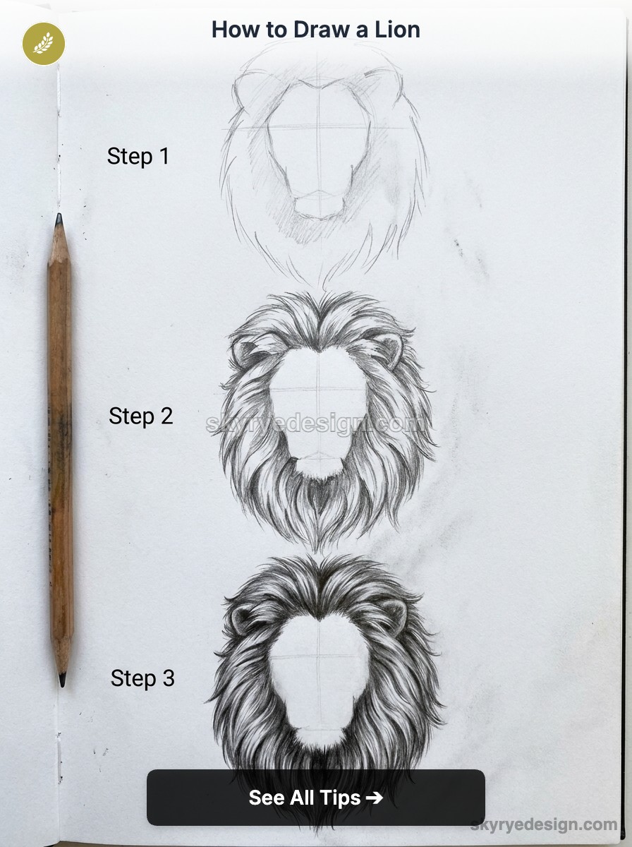 Three-step sketch guide showing how to draw a lion’s mane, from outline to detailed fur in pencil.
