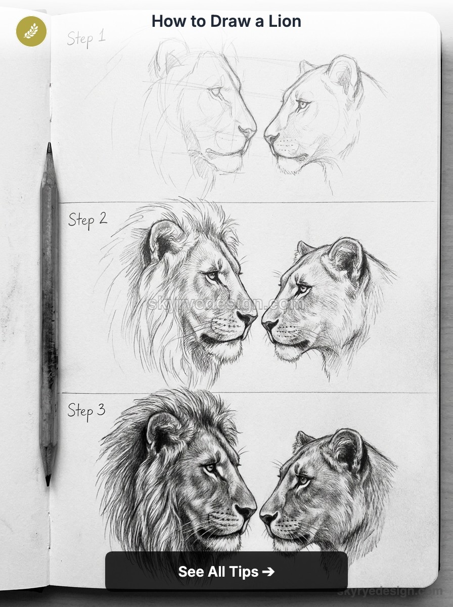 Sketchbook page titled 'How to Draw a Lion' showing three steps of two lions facing each other, from outline to shading.