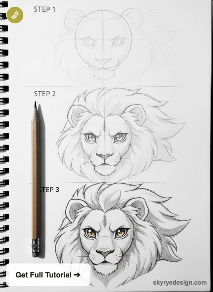 Three-step pencil drawing of a lion head: Step 1 rough sketch, Step 2 detailed mane, Step 3 finished shaded portrait; pencil rests on the left side of the page.