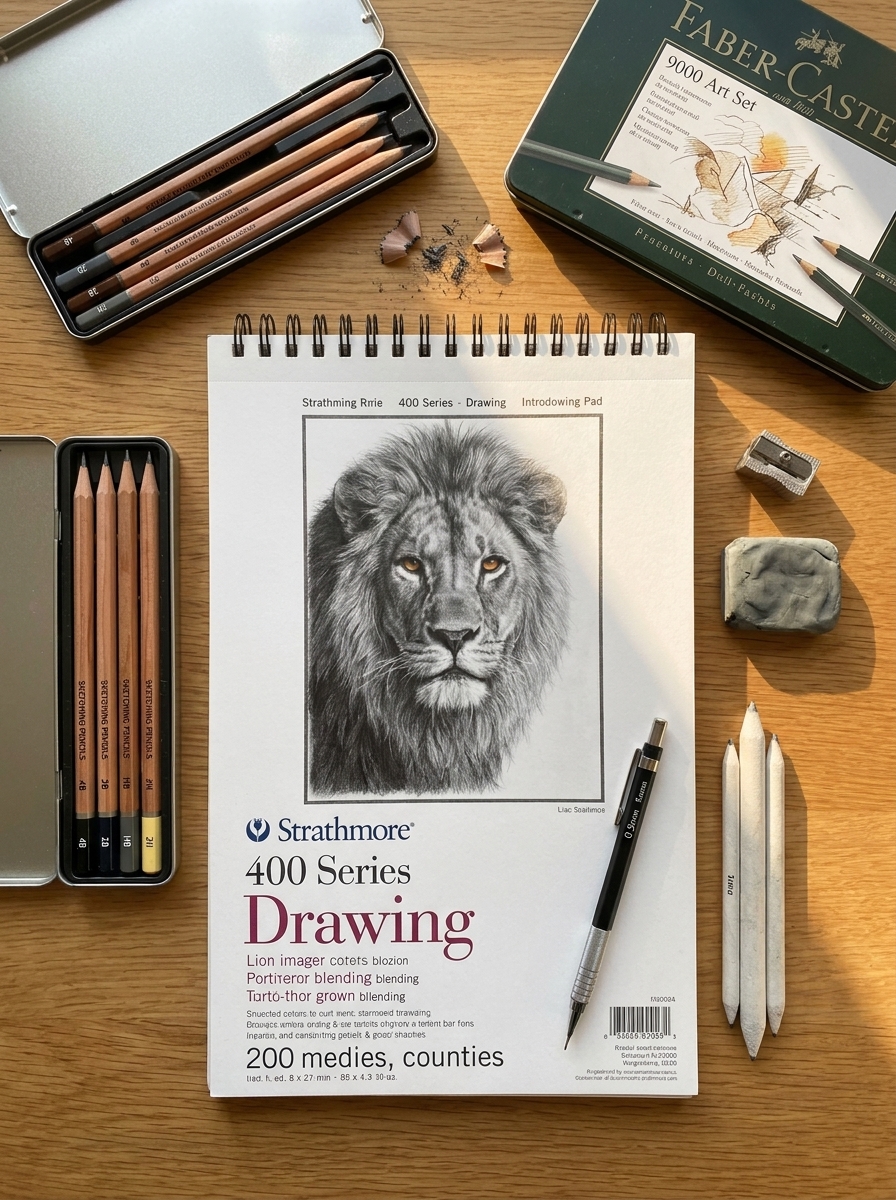 Strathmore 400 Series drawing pad with realistic lion sketch, pencils, blending stumps, eraser, sharpener and tin.
