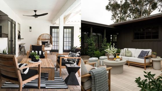 Elegant outdoor patio designs featuring cozy furniture, wooden accents, and lush greenery for a relaxing atmosphere.