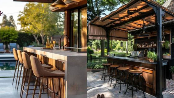 Modern outdoor patio with stylish seating and bar area under a pergola, ideal for entertaining and relaxation.