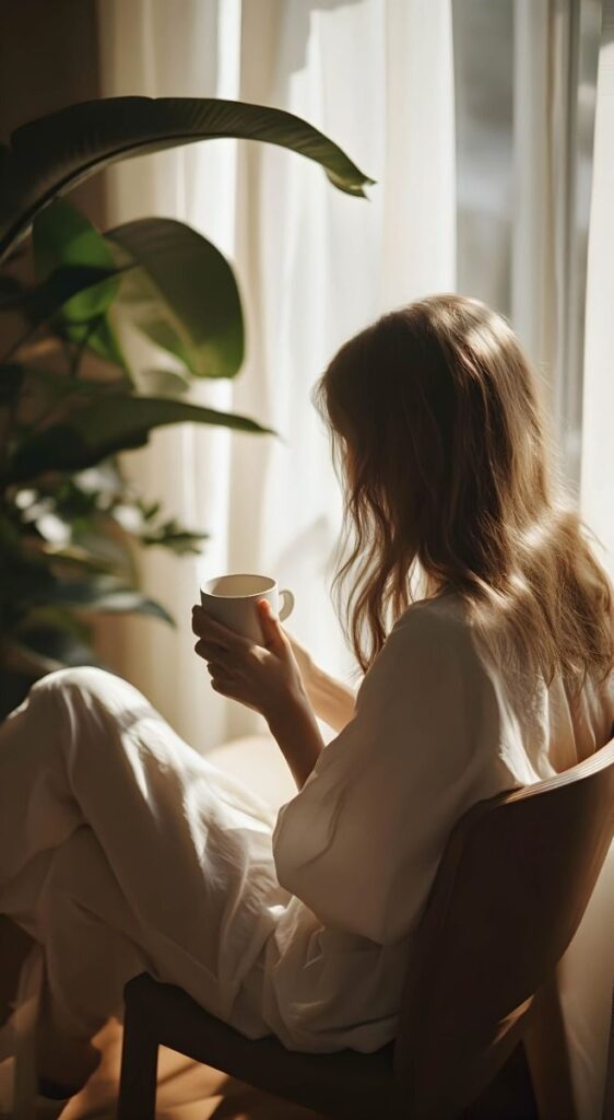 Woman enjoying a peaceful morning coffee by the window, surrounded by soft light and greenery.