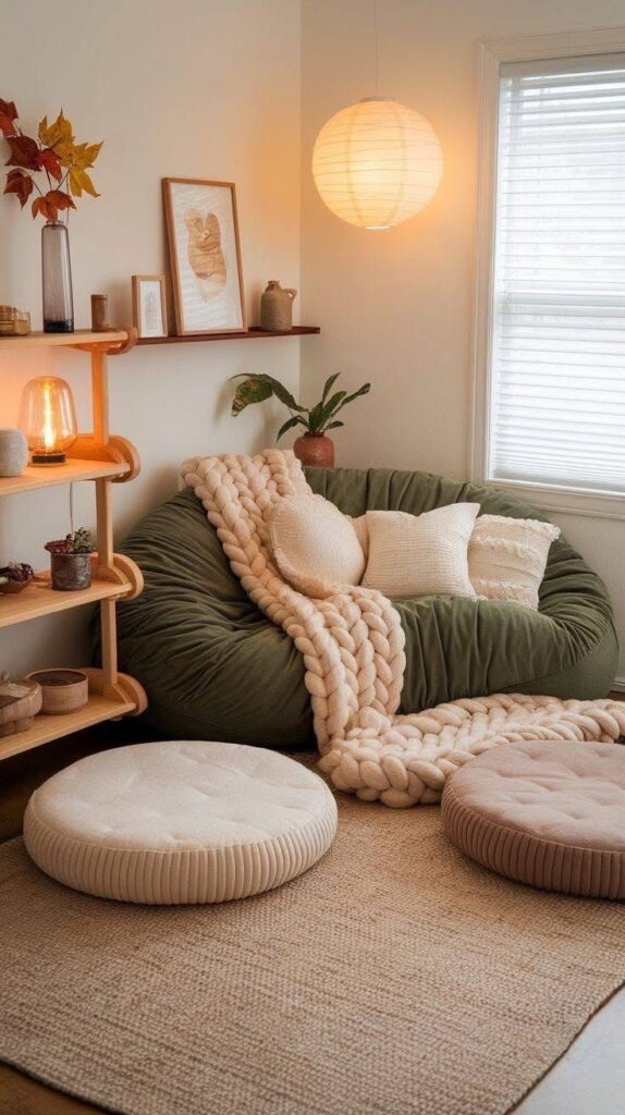 Cozy reading nook with green bean bag chair, chunky knit blanket, and soft lighting in a serene, minimalist room.