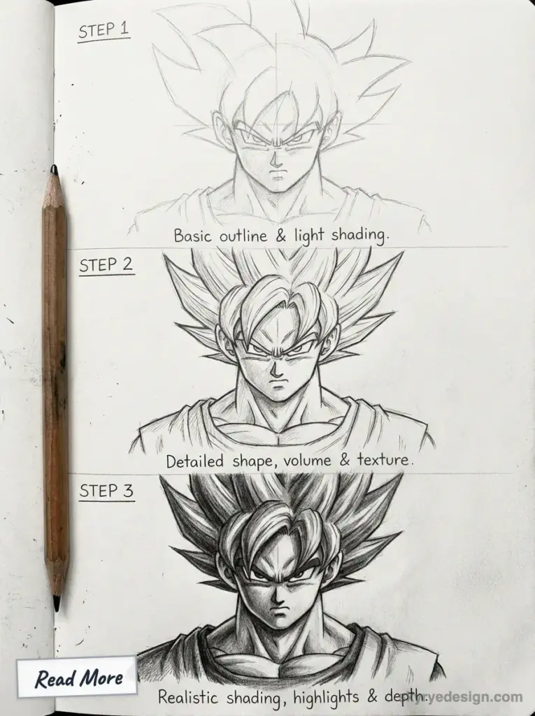 Goku pencil drawing tutorial, 3-step progression: outline, detailed shape, realistic shading & highlights (Dragon Ball)