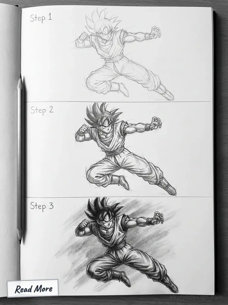 Three-stage Goku pencil drawing tutorial in a sketchbook: rough sketch, refined linework, and final shaded anime illustration