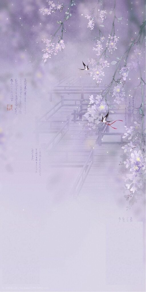 Serene watercolor scene with purple flowers, a wooden bridge, and swallows in misty, ethereal ambiance.