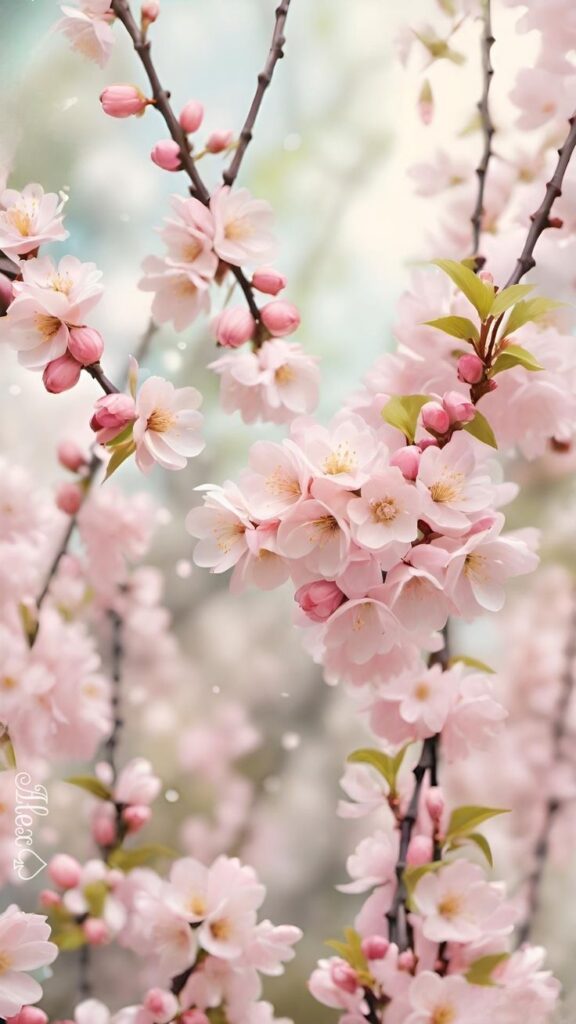 Pink cherry blossoms in full bloom on branches against a soft, blurred background.