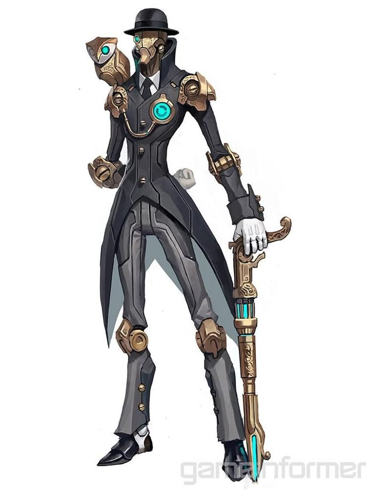 Steampunk robot in suit with top hat and ornate cane, featuring intricate mechanical details.