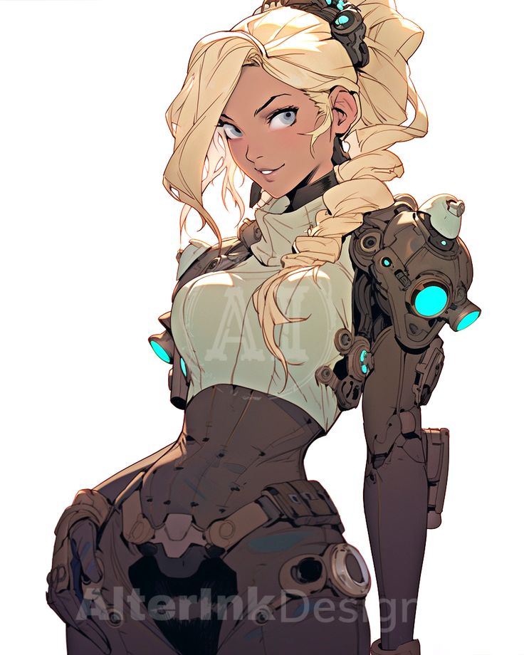 Blonde anime character in futuristic armor with glowing blue accents, facing forward with a confident expression.