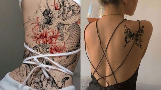 Artistic side and back tattoos featuring floral and dragon designs highlighted by stylish strappy outfits.