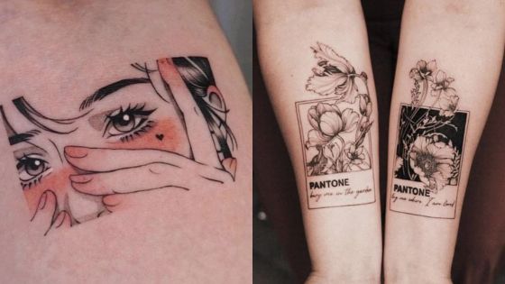 Artistic tattoos featuring eyes and flowers, inspired by Pantone designs on arms, showcasing creativity and style.