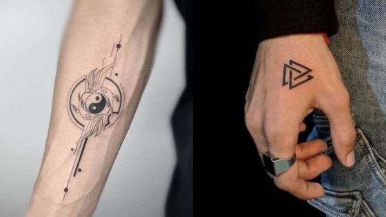 Geometric forearm tattoo with yin yang symbol and triangle hand tattoo on individuals' arms.