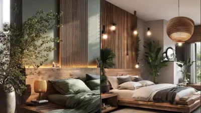 Modern bedroom with wooden slat accent wall, low platform bed, lush indoor plants and warm pendant lighting