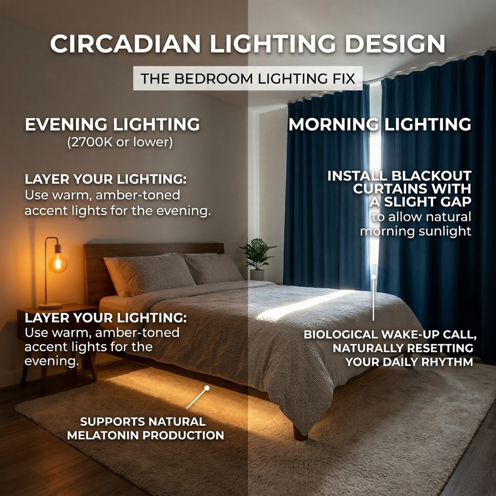 Circadian bedroom lighting: amber evening lights to support melatonin; blackout curtains with slight gap for morning sunlight