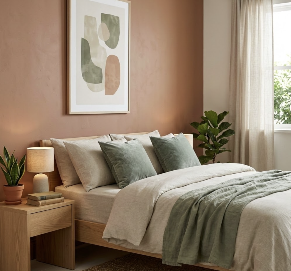 Cozy bedroom with terracotta accent wall, neutral linen bedding, sage green pillows and throw, wooden bed & nightstand.