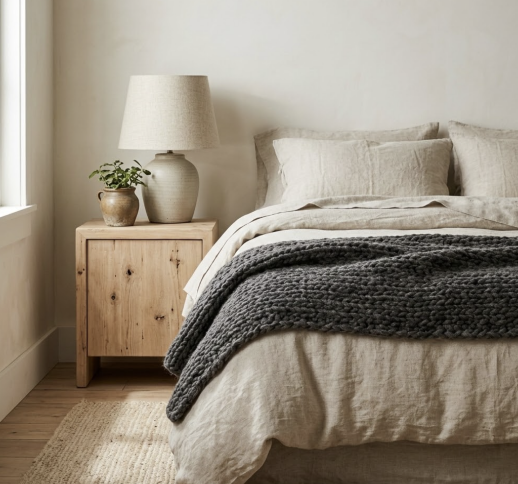 Cozy neutral bedroom: beige linen bedding, chunky dark gray knit throw, wooden nightstand with ceramic lamp and potted plant