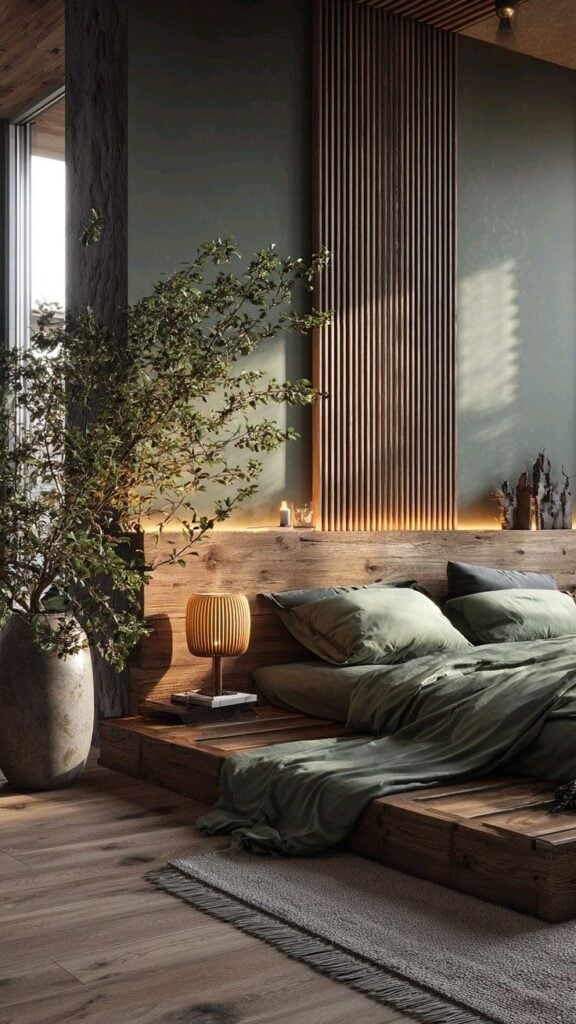 Modern rustic bedroom, wooden platform bed with green bedding, large potted plant and warm ambient lighting