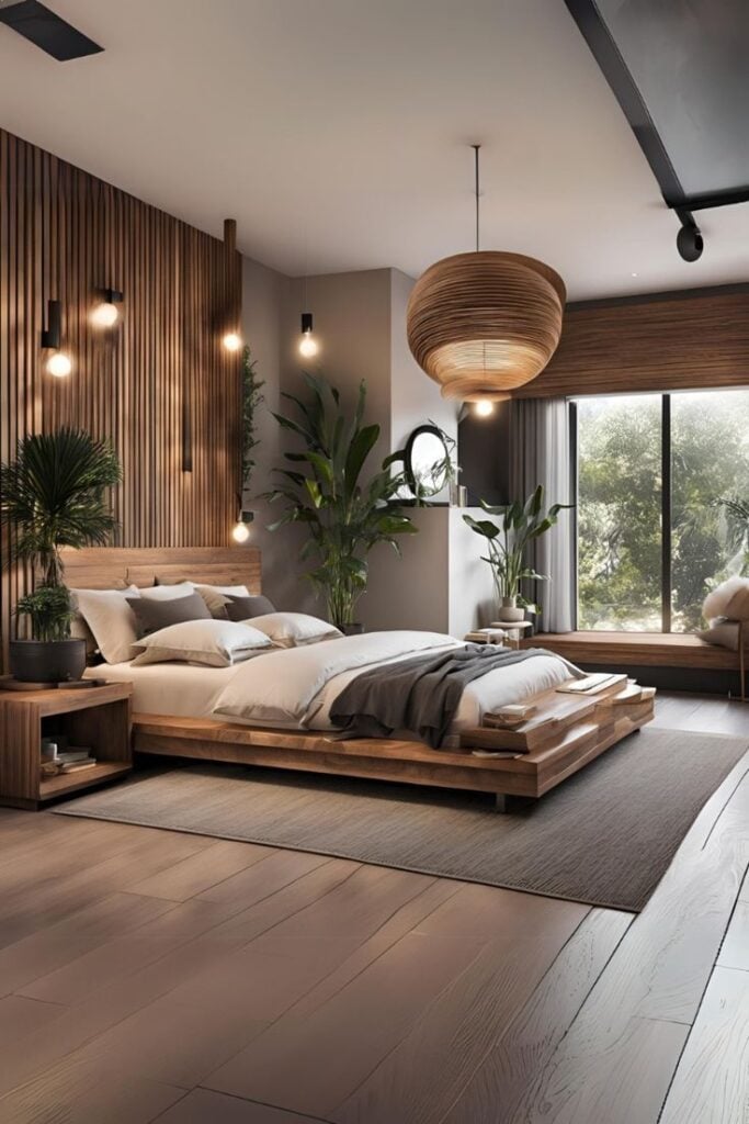 Modern wooden platform bedroom with pendant lighting, indoor plants, large window and minimalist natural decor