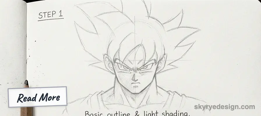 Goku pencil sketch tutorial step 1: head-and-shoulders basic outline and light shading on sketchbook page with 'Read More' label